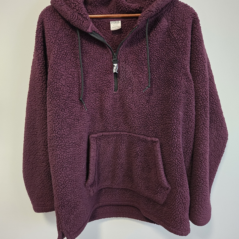 PINK Victoria's Secret Maroon Sherpa Quarter Zip Pullover Hoodie Size M